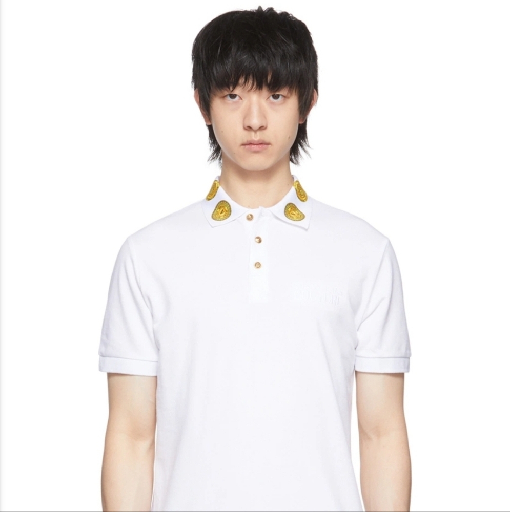 Versace Logo Collar Polo Shirt with Gold Accents